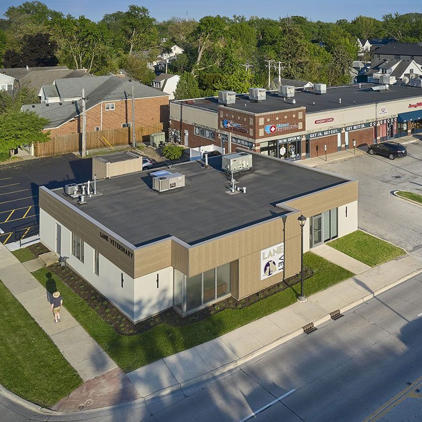 Lane Veterinary Elmhurst location exterior building view from above